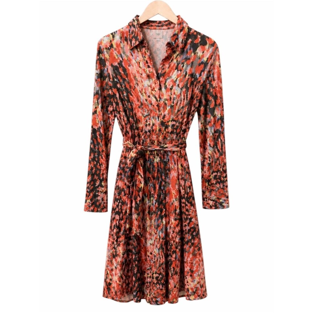 Cabi Abstract Watercolor Jersey Knit Shirt Dress Belted V Neck 3/4 Sleeve Small